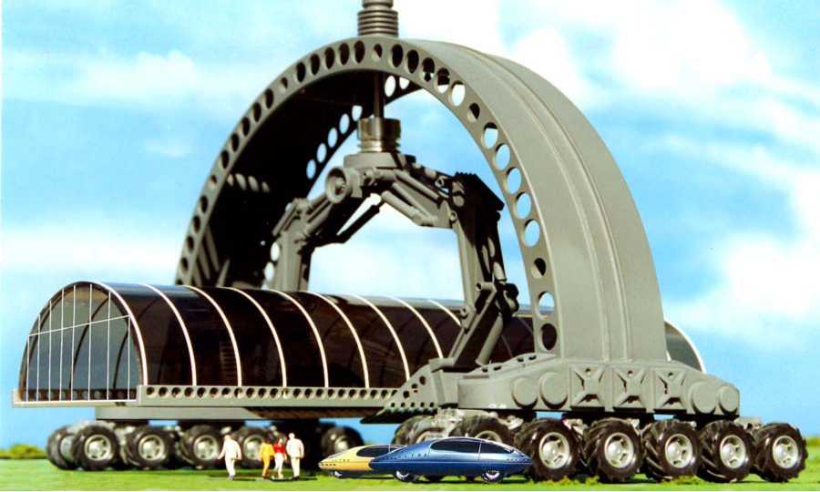 Jacque Fresco - DESIGNING THE FUTURE - mega-machine is transporting
		a transparent enclosure used for evaporative condensation